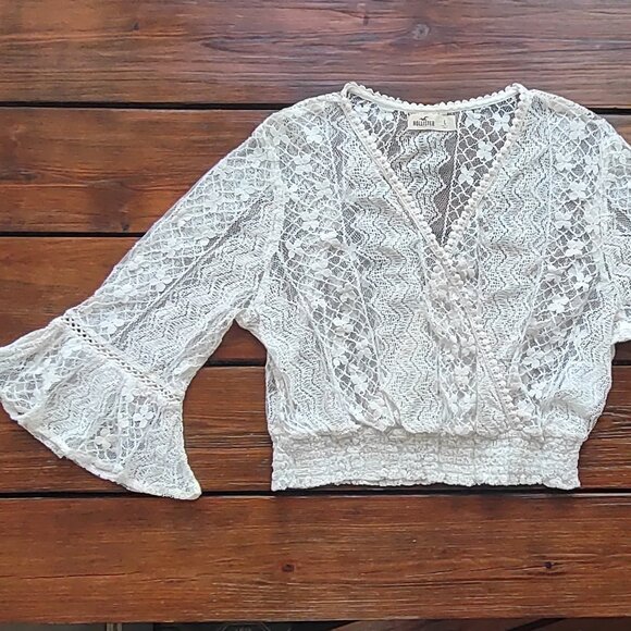 Hollister Lace & Crochet Boho Crop Top Bell Sleeves Festival Fairy Coquette Sz L - Picture 7 of 15